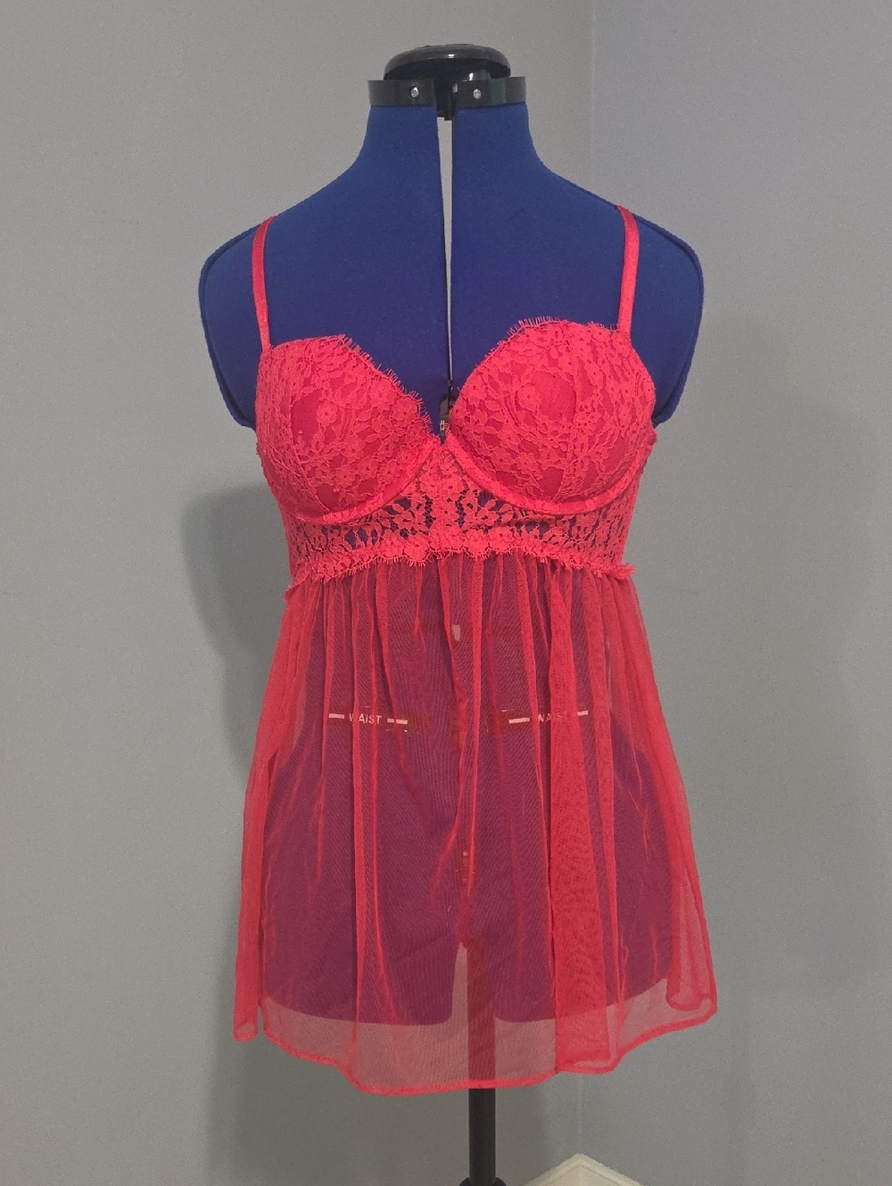 Victoria's Secret Coral-Red Lace & Sheer Babydoll Chemise